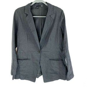 Eileen Fisher Size 12 Gray Linen Blend Single Button Blazer Jacket Pockets